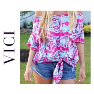Vici Exotic Destination Pink & Blue Ruffled Tie Front Blouse EUC